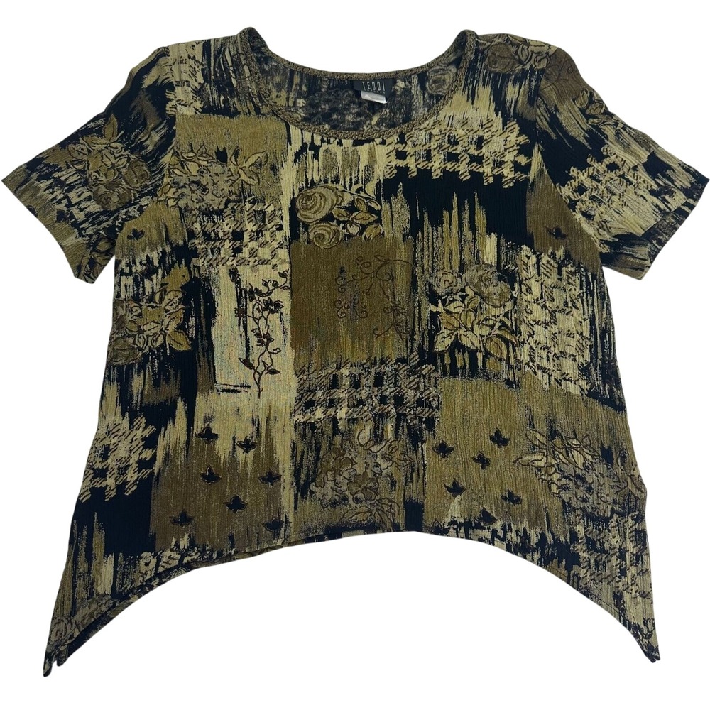 Vintage Teddi Artistic Floral Print Hi-Lo Hem Short‎ Sleeve Top - Black & Gold